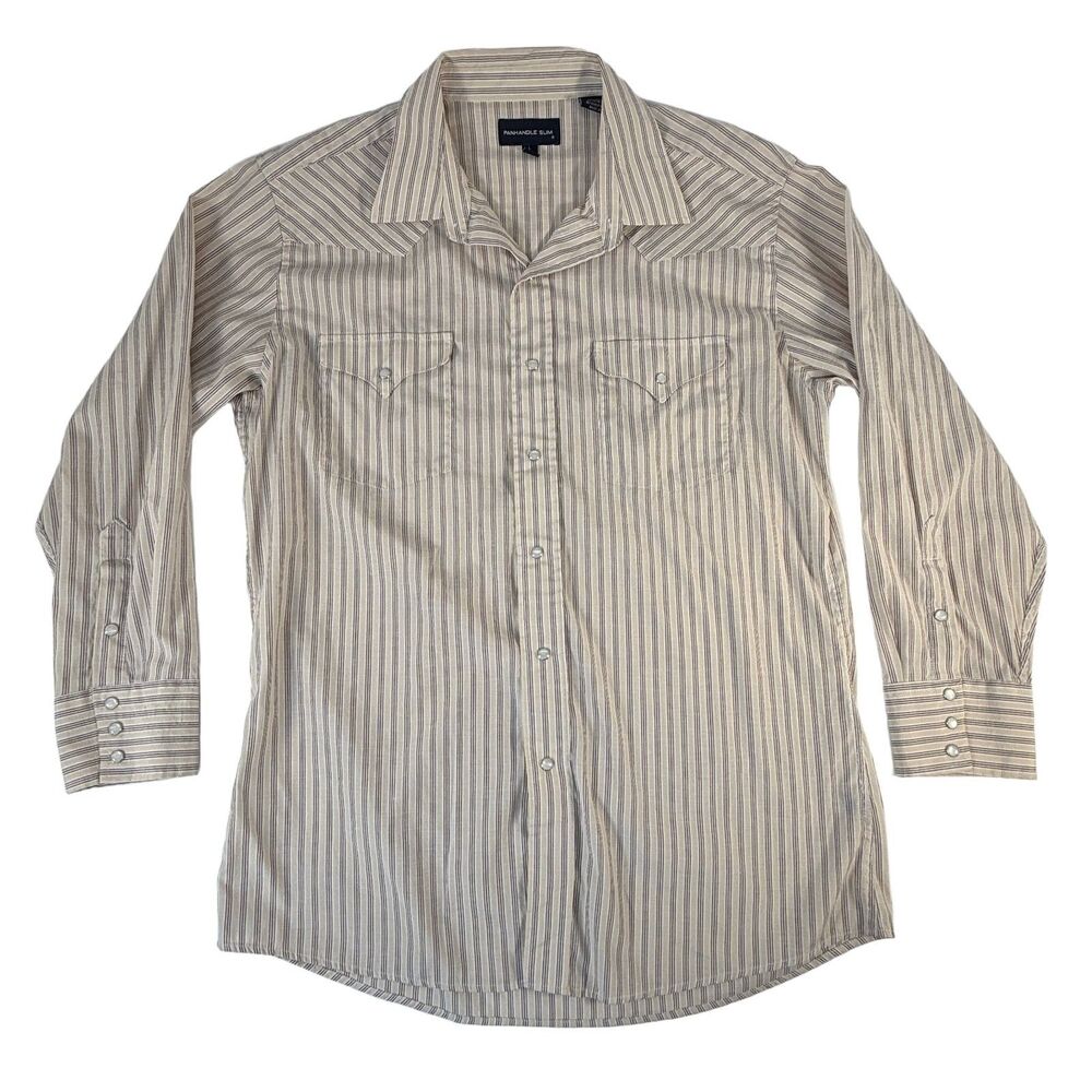 Panhandle Slim Mens L Cream Brown Striped Pearl Snap Western Shirt 16.5 34